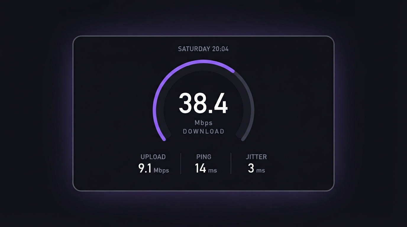 Broadband speed test result taken at peak time on a Saturday evening