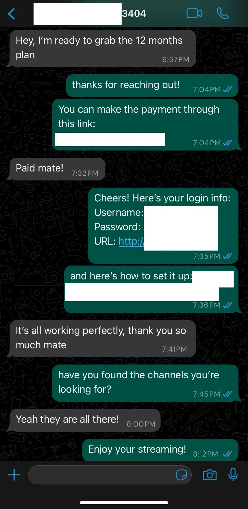 Customer WhatsApp feedback screenshot about their IPTV UK subscription with LIVETVBOX