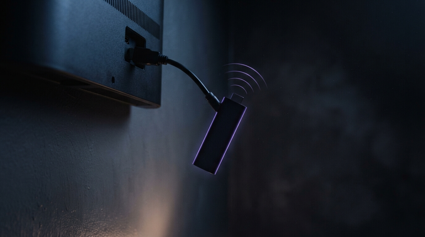 Fire TV Stick connected through the supplied HDMI extender cable to improve Wi-Fi signal behind a wall-mounted television
