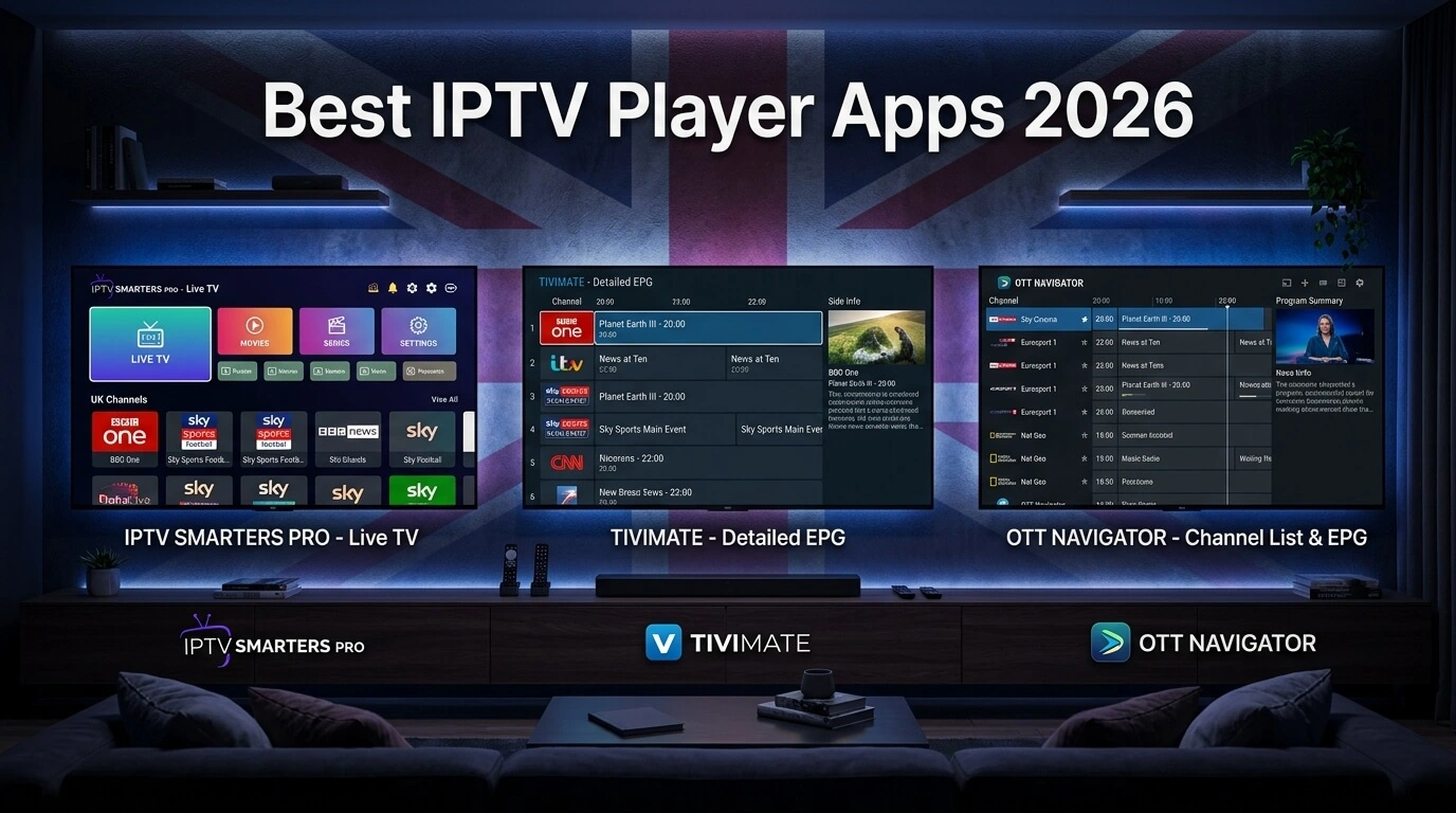 Best IPTV player apps UK 2026 comparison: Smarters, TiviMate and OTT Navigator for LIVETVBOX