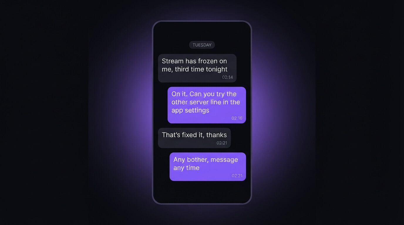 WhatsApp support conversation showing an IPTV issue resolved in minutes overnight